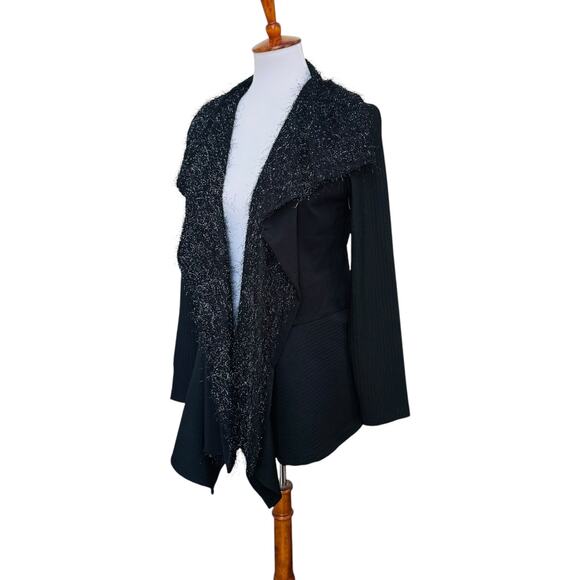 Simon Chang Black Eyelash Trim Ribbed Open Cardigan Jacket Tie Waist Size 4 - Picture 6 of 14